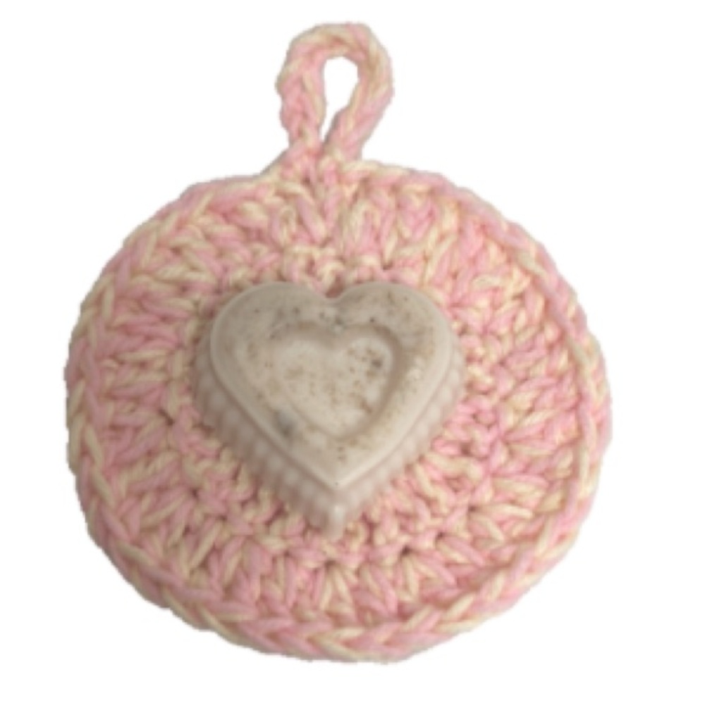 ORCHID ALMOND Oatmeal Heart Soap with Crochet Scrubbie Washcloth 5 inch Round